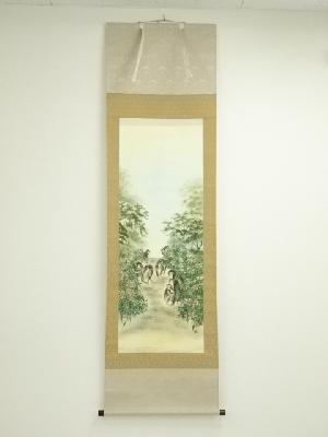 尾崎春秋筆　南天九猿図　肉筆絹本掛軸（箱付）